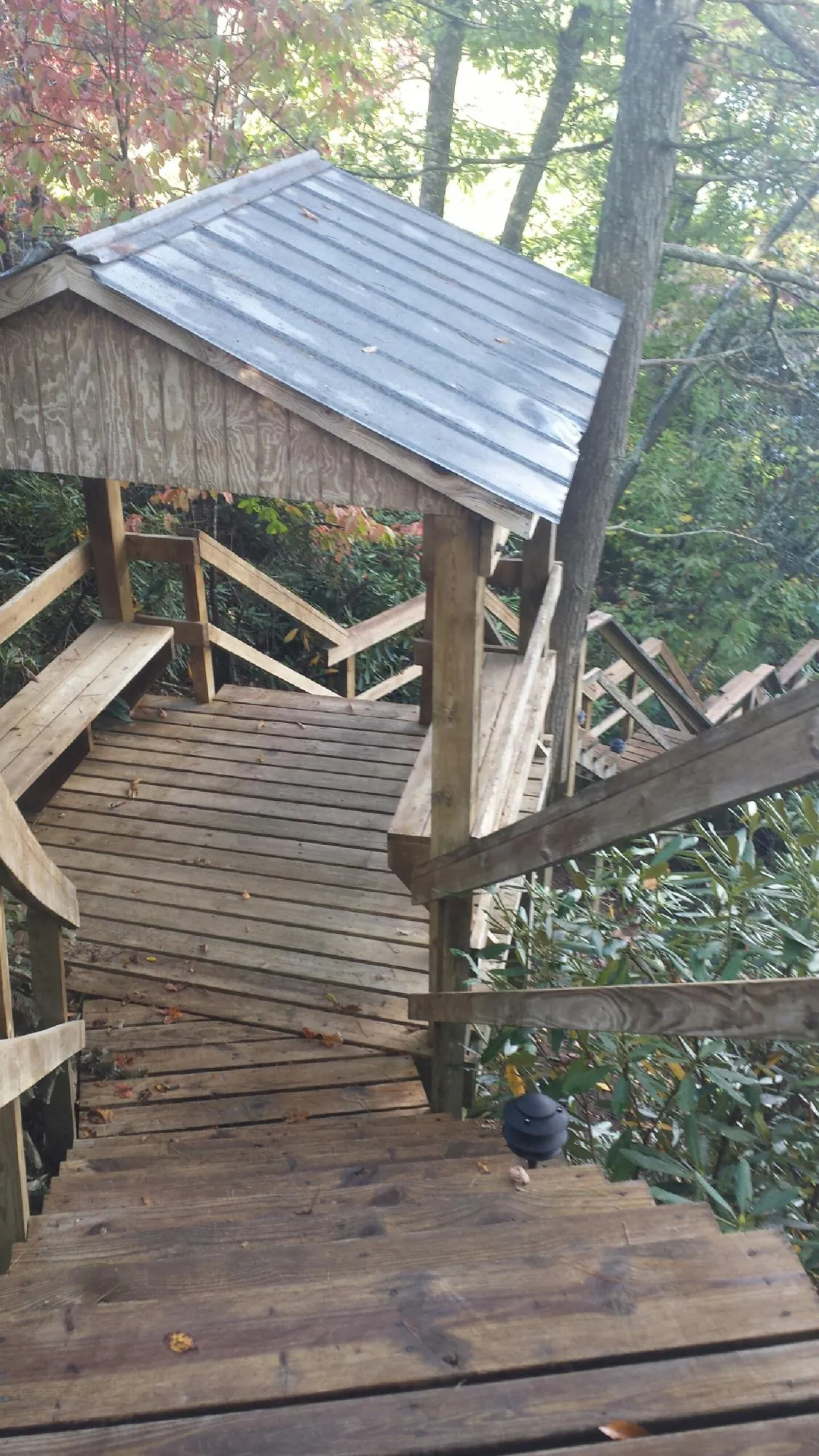 Metal roofed shelter over wooden steps on a wooded walkway — Skylight Repair & Installation work by our crew in Crandall